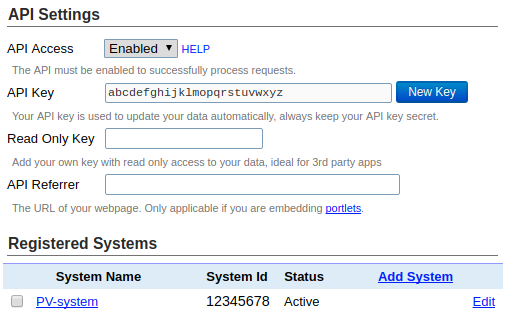 PVOutput account settings