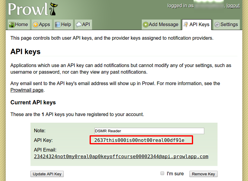 Prowl verkrijg API key
